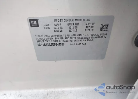 2013 Chevrolet Malibu 1Ls z USA, uszkodzony, nr VIN 1G11B5SA2DF247520